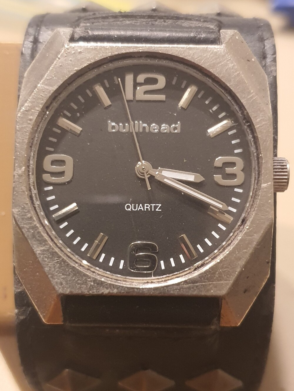10/$20 Bullhead Silver/Black Leather Wideband Men's Watch